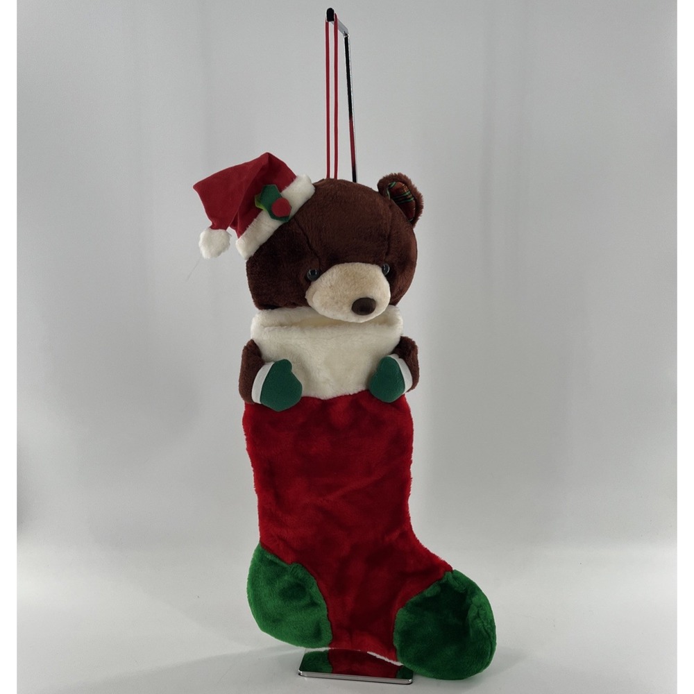 26" Brown Teddy Bear Plush 3D Christmas Stocking Plaid Santa Hat Red Green - Picture 7 of 7